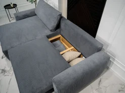 Sofá| Sofá-Cama de Canto Lauren Cinza 4 Lugares com Armazenamento, Chaise Longue Reversível e Tecido Fácil de Limpar Cinzento