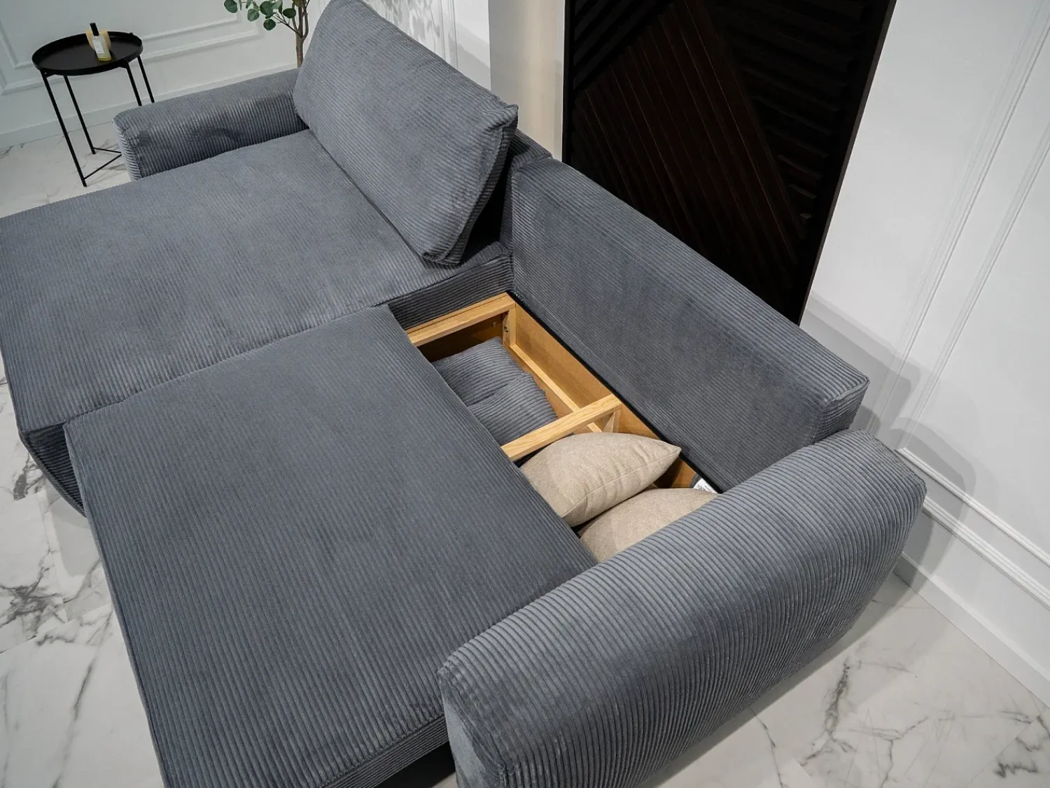 Sofá| Sofá-Cama de Canto Lauren Cinza 4 Lugares com Armazenamento, Chaise Longue Reversível e Tecido Fácil de Limpar Cinzento