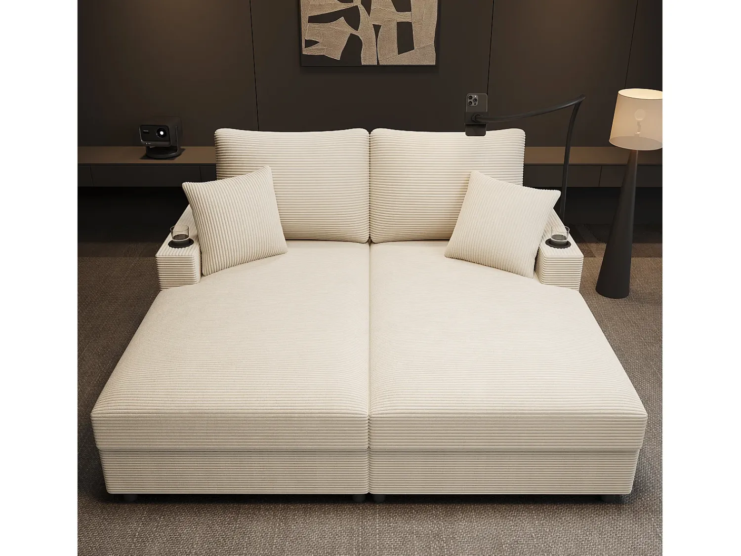 Sofá| Sofá-cama de casal conversível com entradas USB e porta-copos, Bege