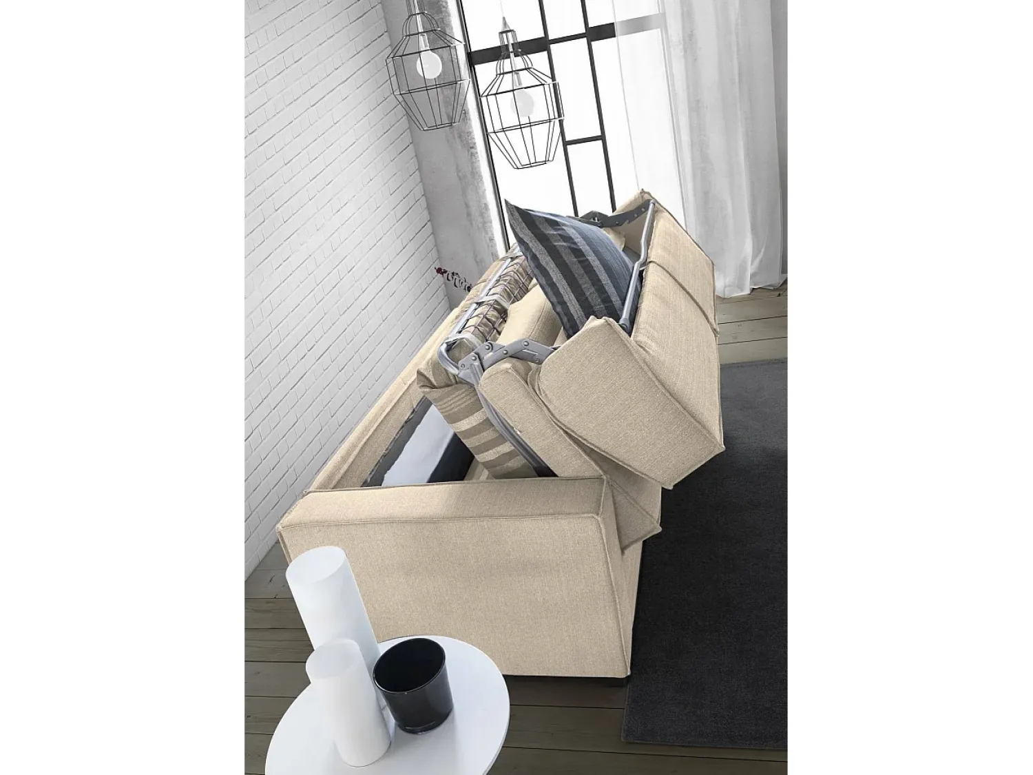 Sofá|Talamo Italia Sofá-cama Dekuba, sofá de 2 lugares, 100% Fabricado na Itália, Sofá da sala com abertura giratória, em tecido acolchoado, com braços padrão, 180x95h90 cm, Bege