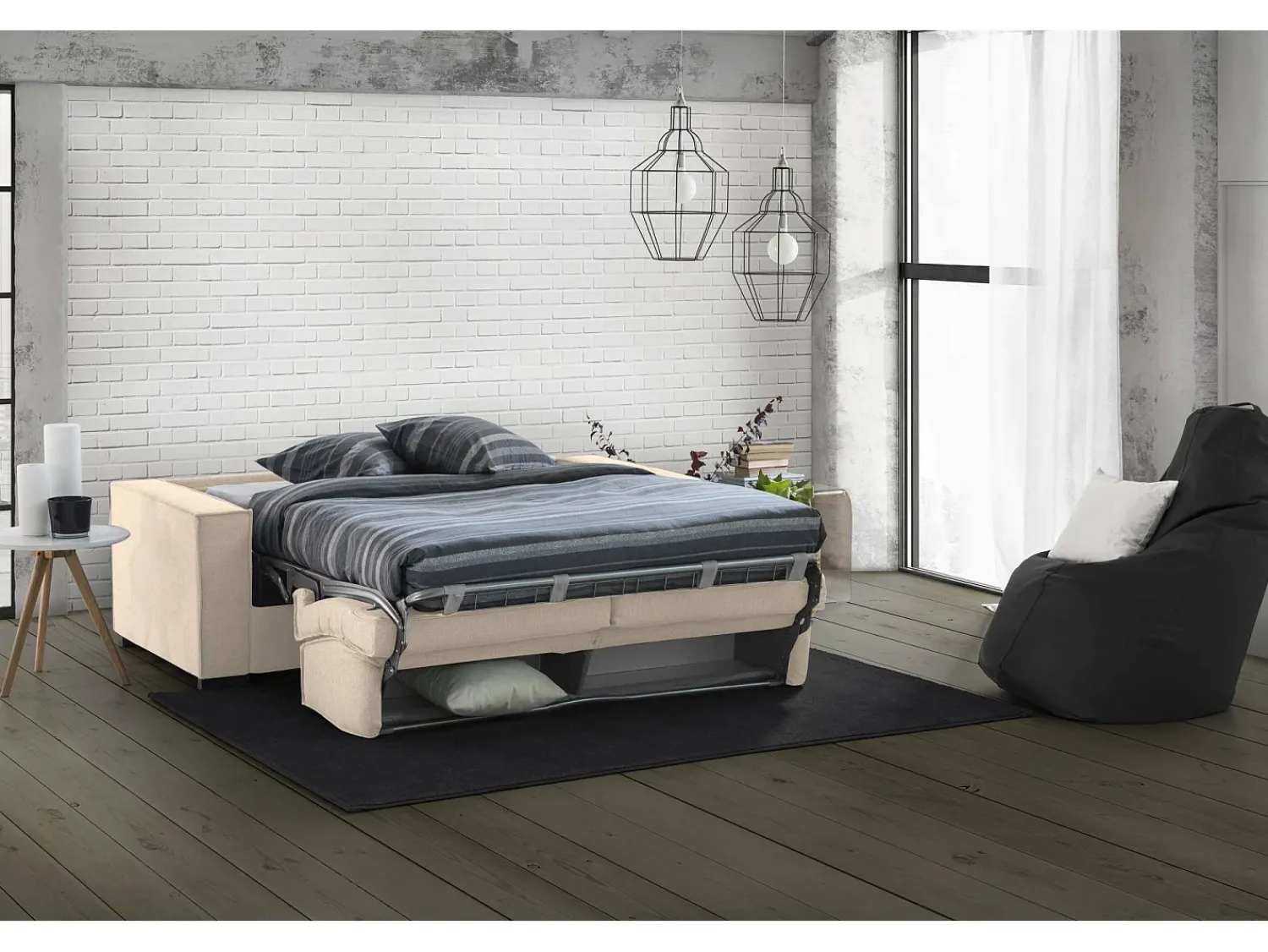 Sofá|Talamo Italia Sofá-cama Dekuba, sofá de 2 lugares, 100% Fabricado na Itália, Sofá da sala com abertura giratória, em tecido acolchoado, com braços padrão, 180x95h90 cm, Bege
