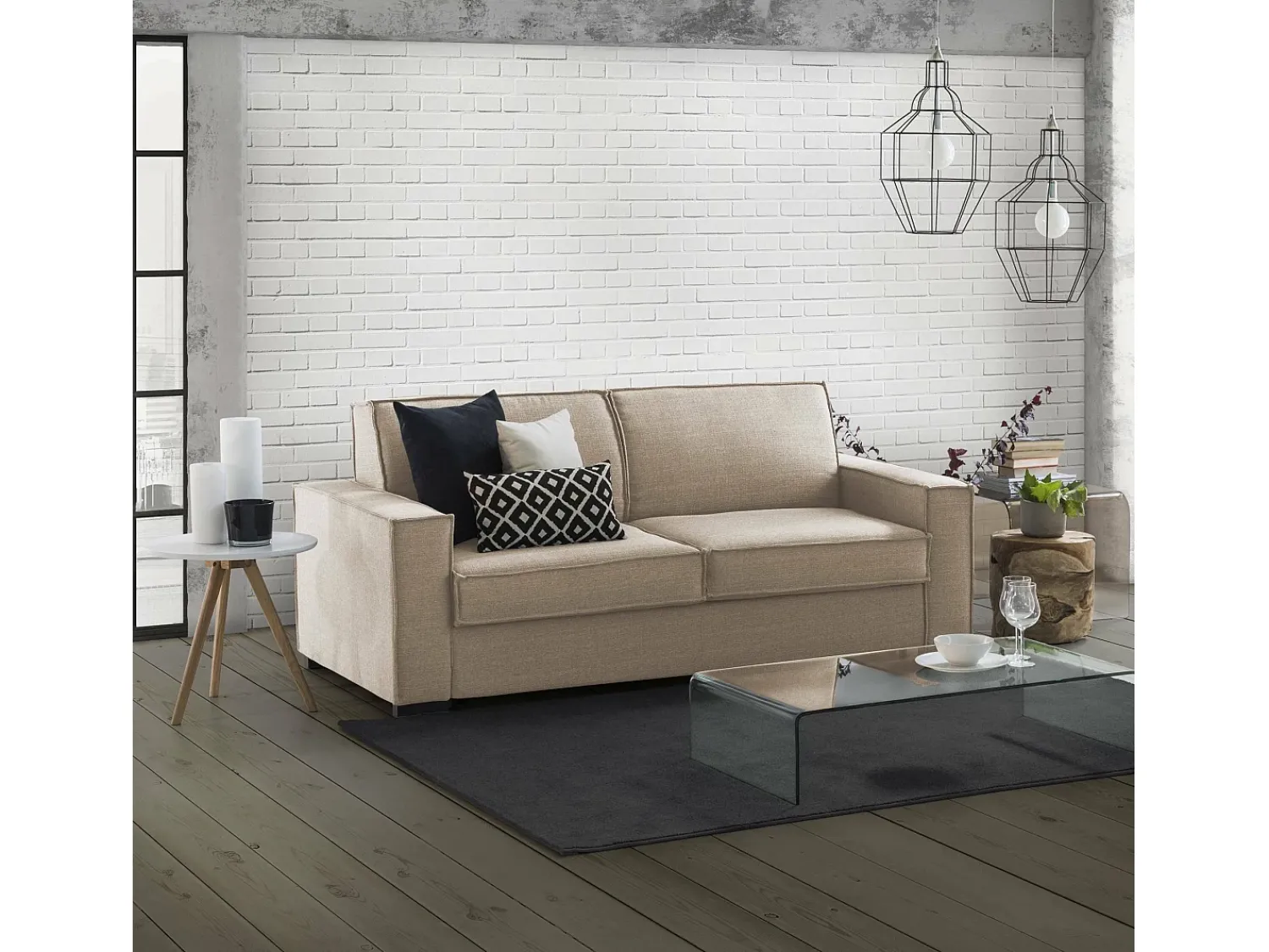 Sofá|Talamo Italia Sofá-cama Dekuba, sofá de 2 lugares, 100% Fabricado na Itália, Sofá da sala com abertura giratória, em tecido acolchoado, com braços padrão, 180x95h90 cm, Bege