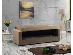 Dmora Sofá-cama Dfoat, ofá-cama container linear de 3 lugare com 2 almofada incluída, Sofá da ala em tecido acolchoado com abertura click-clack, 214x81xh89 cm,^ Sofá