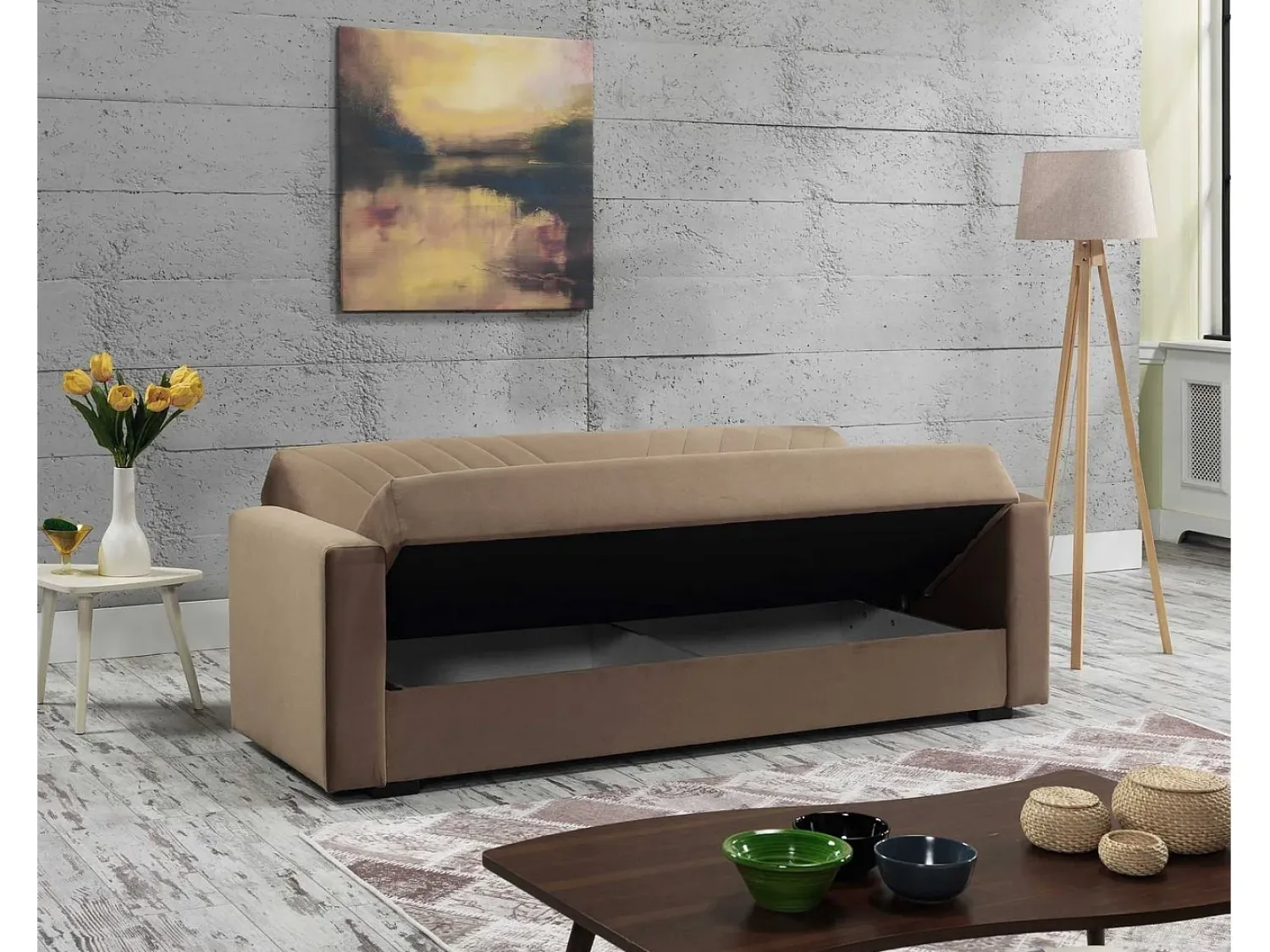 Dmora Sofá-cama Dfoat, ofá-cama container linear de 3 lugare com 2 almofada incluída, Sofá da ala em tecido acolchoado com abertura click-clack, 214x81xh89 cm,^ Sofá