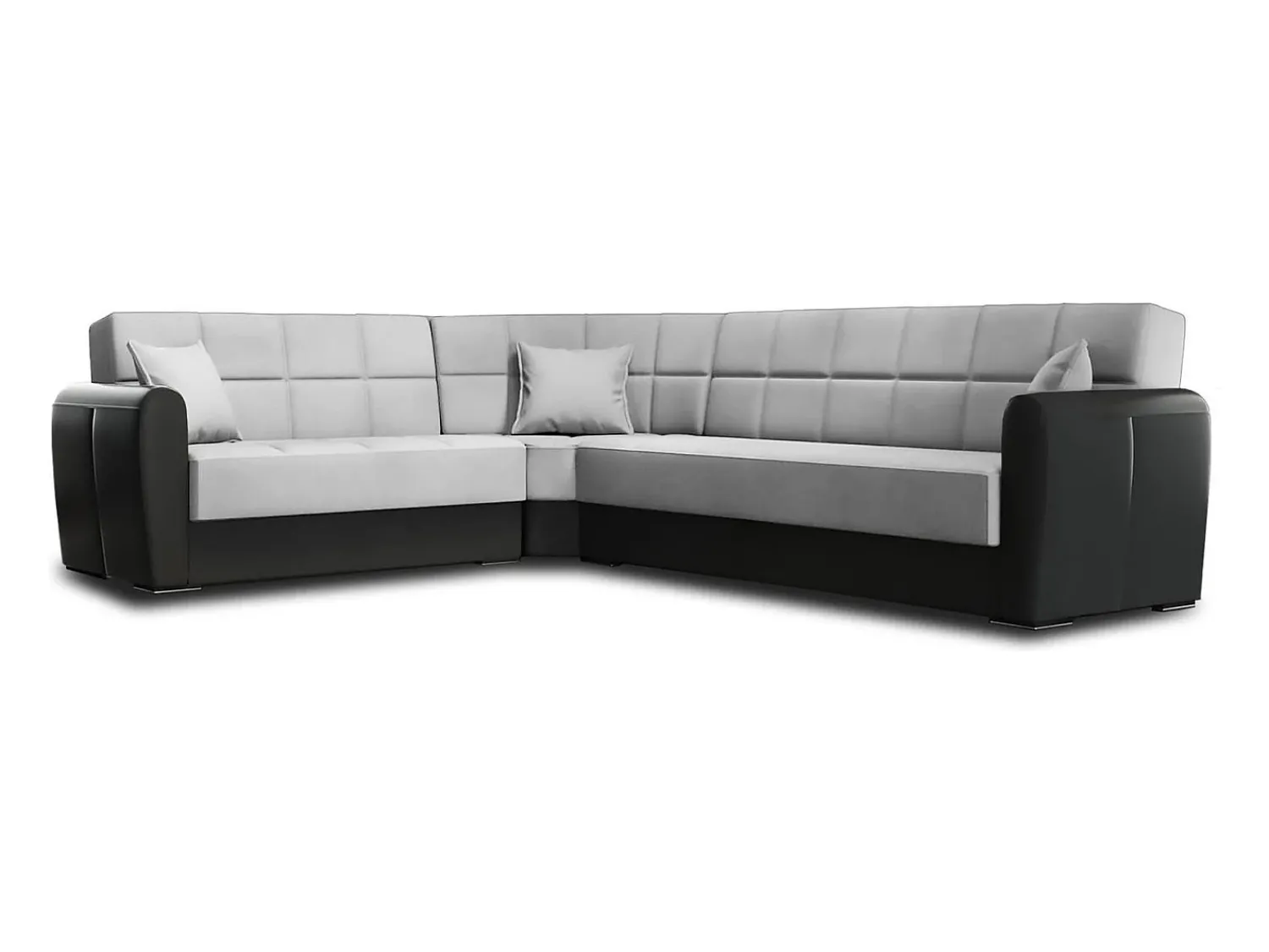 Discount Dmora Sofá-cama Dgytkjæ, Sofá-cama de canto em couro ecológico e tecido, Sofá da sala com abertura click-clack e península reversível, 305x238h91 cm, Preto e Cinza Claro Cinzento claro