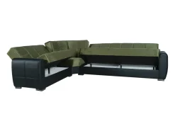 Dmora Sofá-cama Dgytkjæ, Sofá-cama de canto em couro ecológico e tecido, Sofá da sala com abertura click-clack e península reversível, 305x238h91 cm, Preto e Cinza Escuro^ Sofá