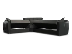 Dmora Sofá-cama Dgytkjæ, Sofá-cama de canto em couro ecológico e tecido, Sofá da sala com abertura click-clack e península reversível, 305x238h91 cm, Preto e Cinza Escuro^ Sofá