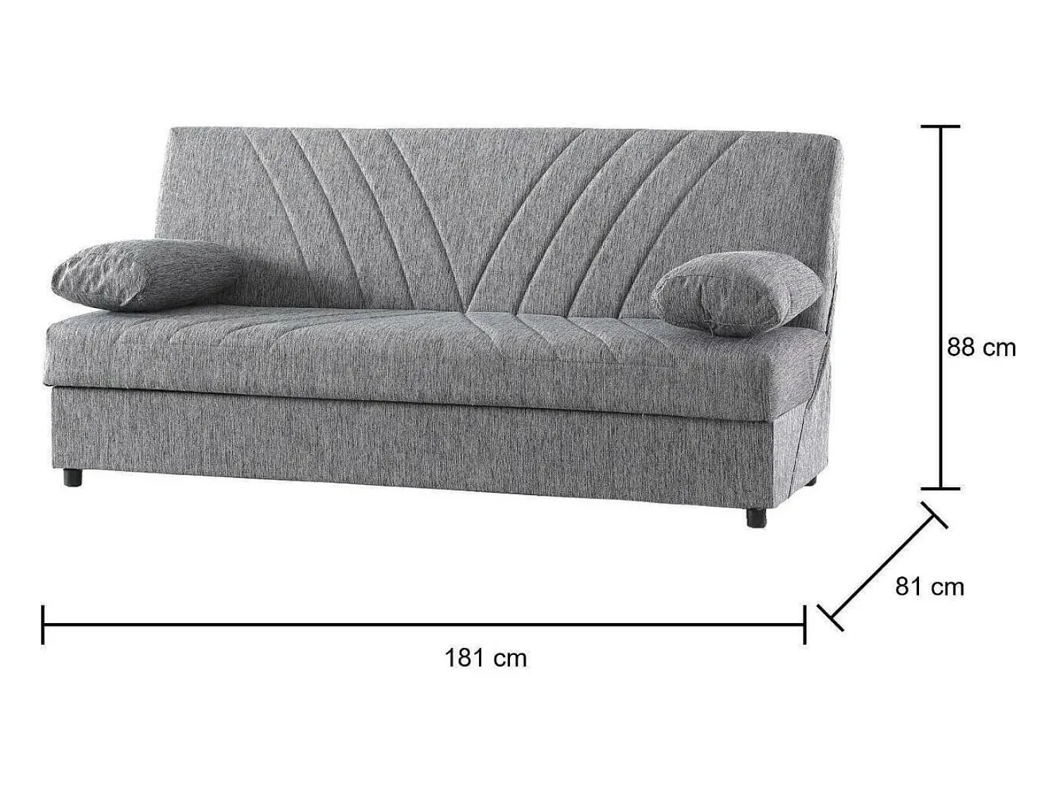 Best Dmora Sofá-cama Dmalama, ofá-cama de 3 lugare com arrumação com 2 almofada incluída, Sofá da ala em tecido acolchoado com abertura click-clack, 181x81h88 cm, Cinzento
