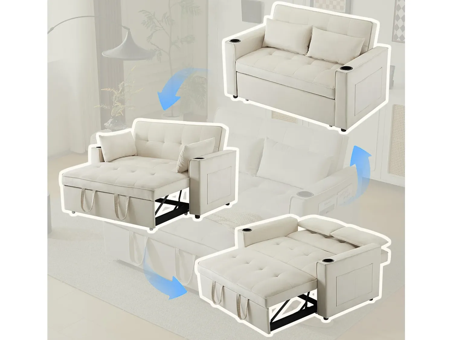 ModernLuxe Sofá-cama dobrável ajustável multiângulo - 2 lugares - Tecido de veludo - com suporte para copos e almofadas -^ Sofá