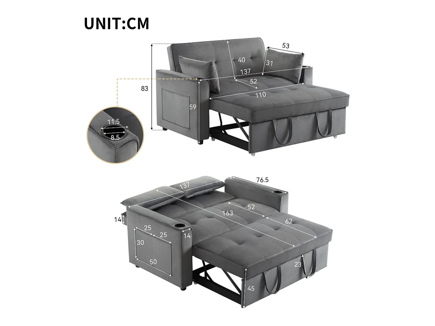 ModernLuxe Sofá-cama dobrável ajustável multiângulo - 2 lugares - Tecido de veludo - com suporte para copos e almofadas -^ Sofá