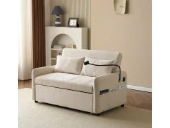 Sofá*KOMHTOM Sofá-cama dobrável moderno com dois lugares, encosto ajustável, suporte para telemóvel, porta de carregamento USB, Bege