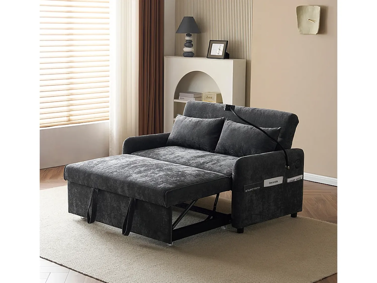 KOMHTOM Sofá-cama dobrável moderno com dois lugares, encosto ajustável, suporte para telemóvel, porta de carregamento USB,^ Sofá