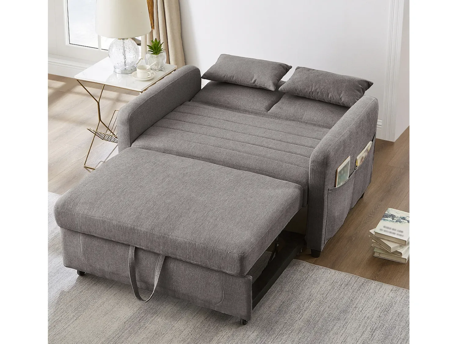 ModernLuxe Sofá-cama duplo 114 x 77 x 82.5 cm - encosto 3 níveis ajustável - tecido algodão-linho - cinza^ Sofá