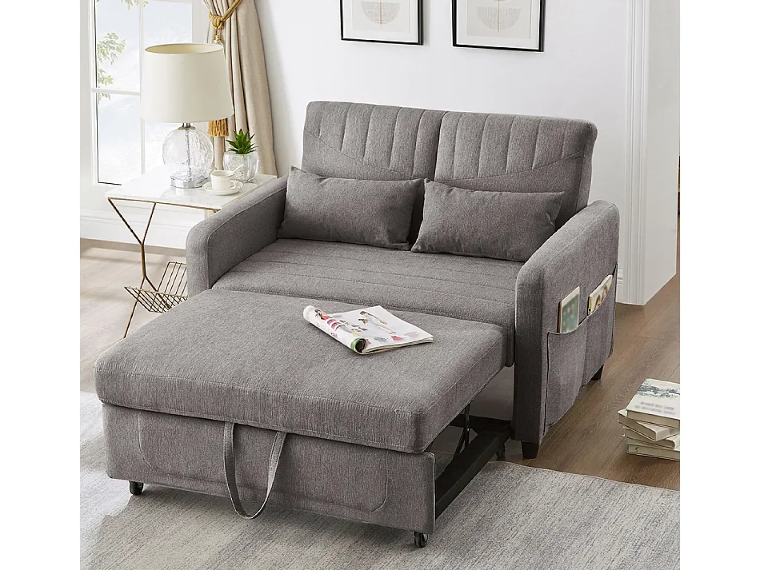 KOMHTOM Sofá-cama duplo dobrável, design dobrável, encosto ajustável, tecido de algodão e linho,^ Sofá