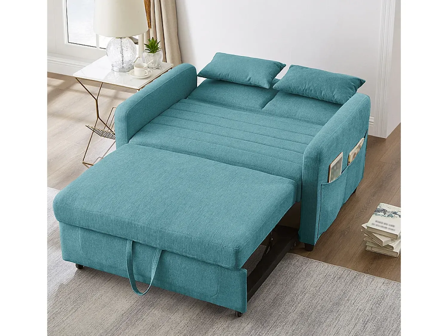 Sofá|KOMHTOM Sofá-cama duplo rebatível, design rebatível, encosto regulável, tecido de algodão e linho, verde- Azul