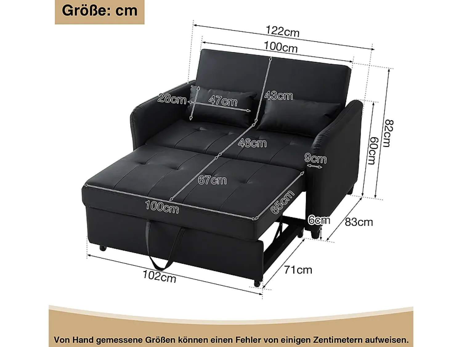 KOMHTOM Sofá-cama duplo rebatível, encosto regulável, material PU resistente à água, Preto