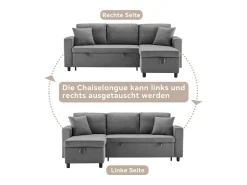 Sofá-cama em formato de L com espaço de armazenamento e chaise longue intercambiável.^ Sofá