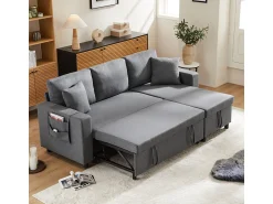 Sofá-cama em formato de L com espaço de armazenamento e chaise longue intercambiável.^ Sofá