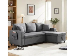 Sofá-cama em formato de L com espaço de armazenamento e chaise longue intercambiável.^ Sofá