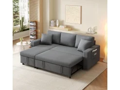 Sofá-cama em formato de L com espaço de armazenamento e chaise longue intercambiável.^ Sofá