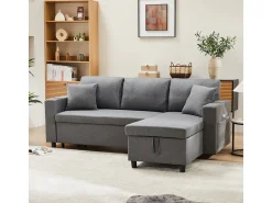 Sofá-cama em formato de L com espaço de armazenamento e chaise longue intercambiável.^ Sofá