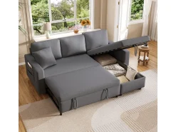 Sofá-cama em formato de L com espaço de armazenamento e chaise longue intercambiável.^ Sofá