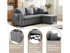Sofá-cama em formato de L com espaço de armazenamento e chaise longue intercambiável.^ Sofá