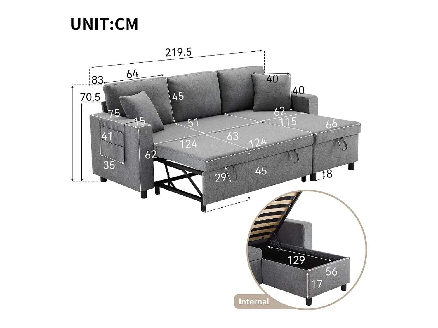 Hauss Spole Sofá-cama em L de 3 lugares com função de cama - Chaise longue com arrumação - Linho cinza escuro^ Sofá