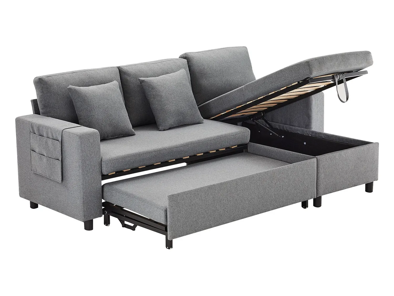 Hauss Spole Sofá-cama em L de 3 lugares com função de cama - Chaise longue com arrumação - Linho cinza escuro^ Sofá