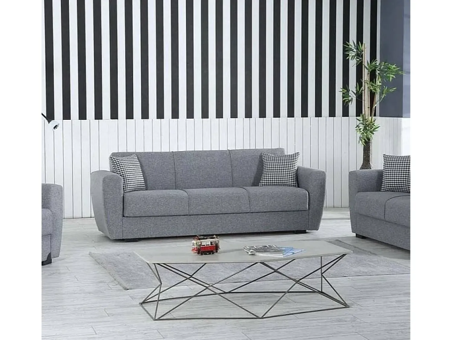 Dmora Sofá-cama Escobar, sofá-cama contêiner linear de 3 lugares, Sofá da sala em tecido acolchoado com abertura click-clack, 223x84xh80 cm, Cinza^ Sofá