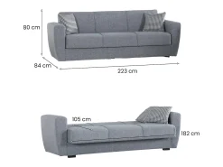 Dmora Sofá-cama Escobar, sofá-cama contêiner linear de 3 lugares, Sofá da sala em tecido acolchoado com abertura click-clack, 223x84xh80 cm, Cinza^ Sofá