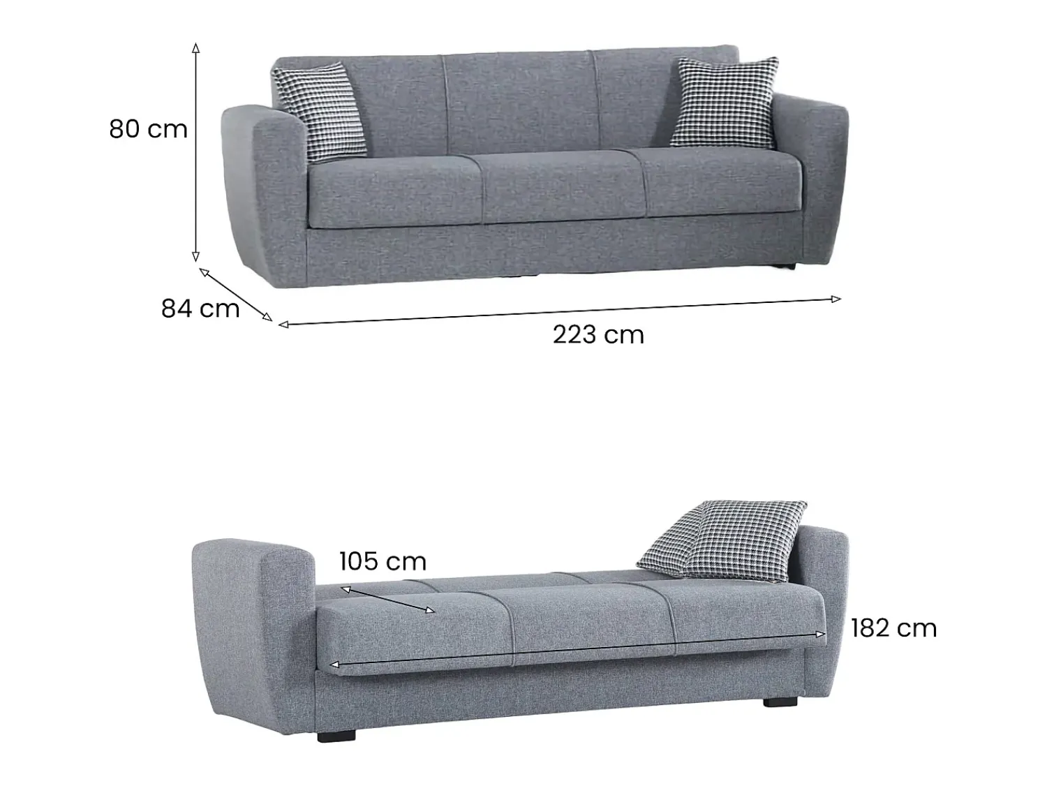 Dmora Sofá-cama Escobar, sofá-cama contêiner linear de 3 lugares, Sofá da sala em tecido acolchoado com abertura click-clack, 223x84xh80 cm, Cinza^ Sofá