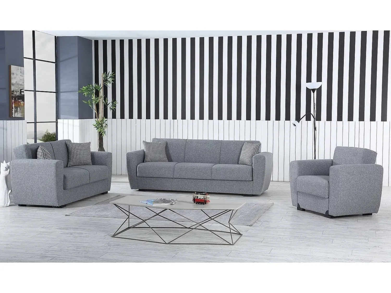 Dmora Sofá-cama Escobar, sofá-cama contêiner linear de 3 lugares, Sofá da sala em tecido acolchoado com abertura click-clack, 223x84xh80 cm, Cinza^ Sofá
