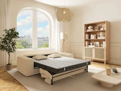 Sofá|Vente-unique Sofá-cama express de 3 lugares AMELIA em veludo cotelê - área para dormir de 140 cm - colchão de espuma viscoelástica de 13 cm Bege