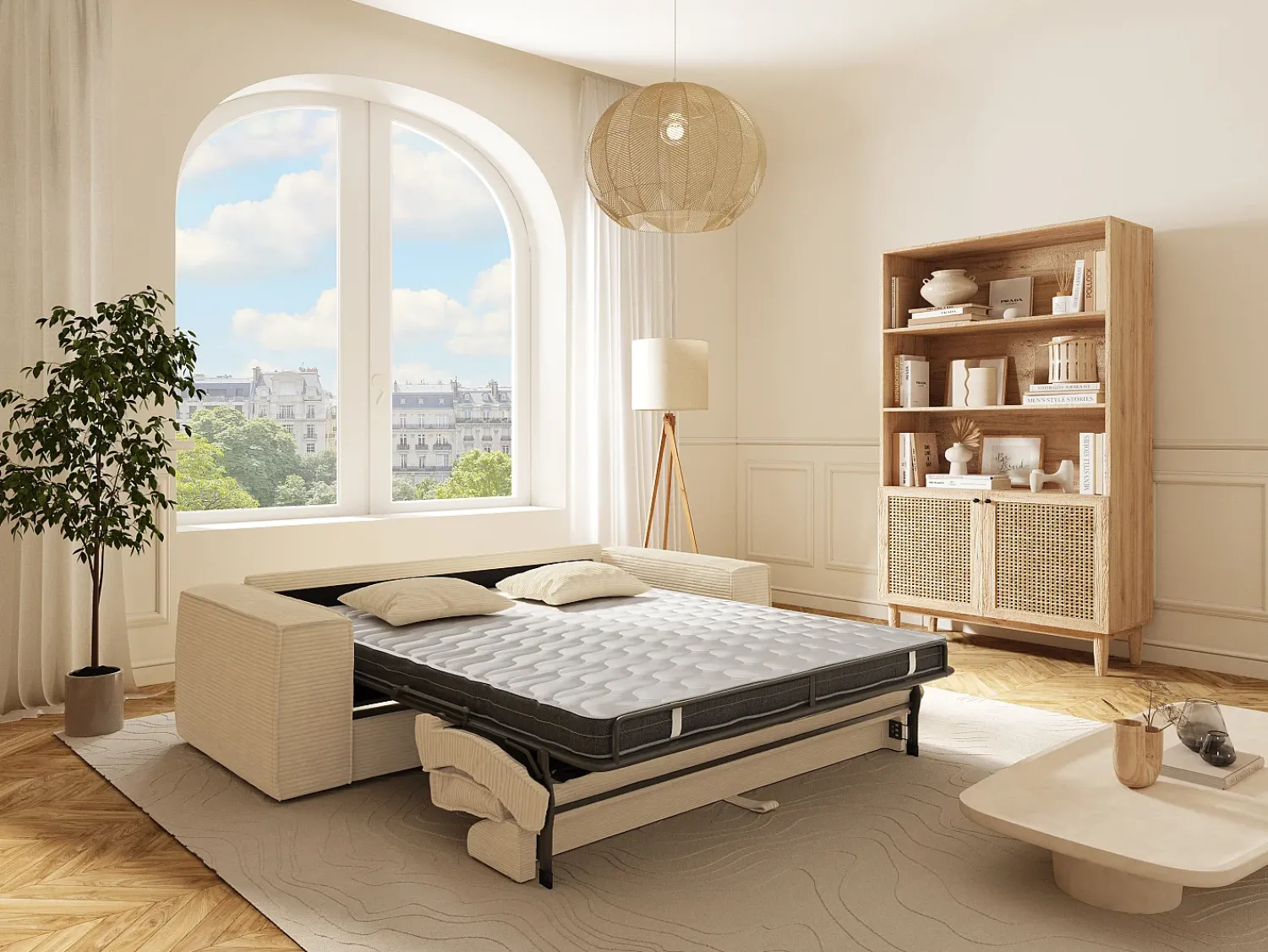 Sofá|Vente-unique Sofá-cama express de 3 lugares AMELIA em veludo cotelê - área para dormir de 140 cm - colchão de espuma viscoelástica de 13 cm Bege