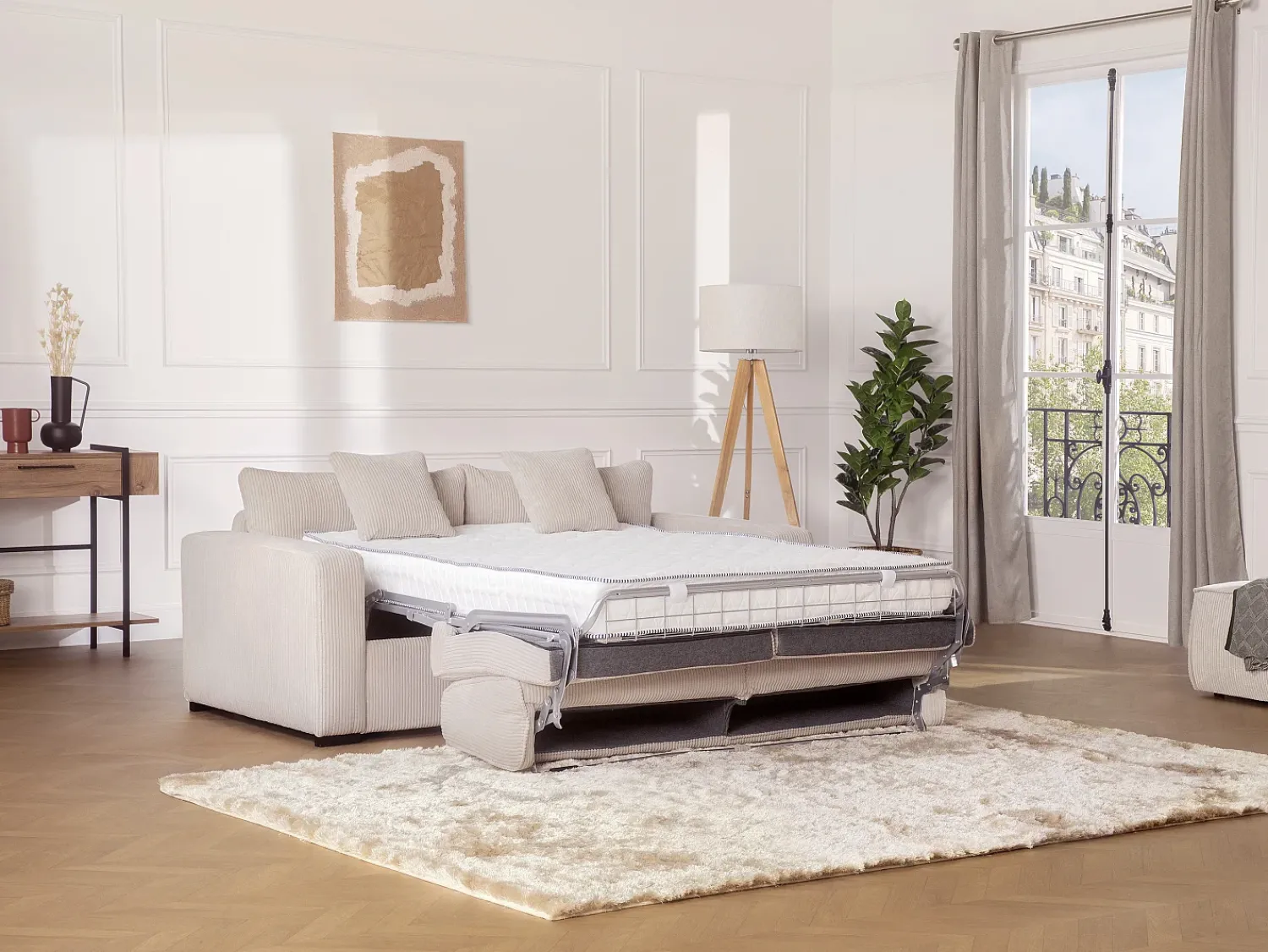 Sofá*Vente-unique Sofá-cama Express em veludo cotelê , área para dormir de 160 cm, colchão de 16 cm, MONDOVI Bege