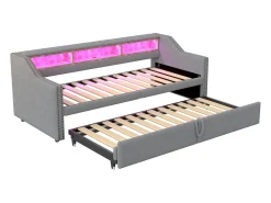 Outlet Sofá-cama extensível 90/180 x 200 cm, com luz LED e porta USB, estrado de ripas, cinza claro. Cinzento claro