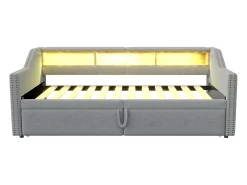 Outlet Sofá-cama extensível 90/180 x 200 cm, com luz LED e porta USB, estrado de ripas, cinza claro. Cinzento claro
