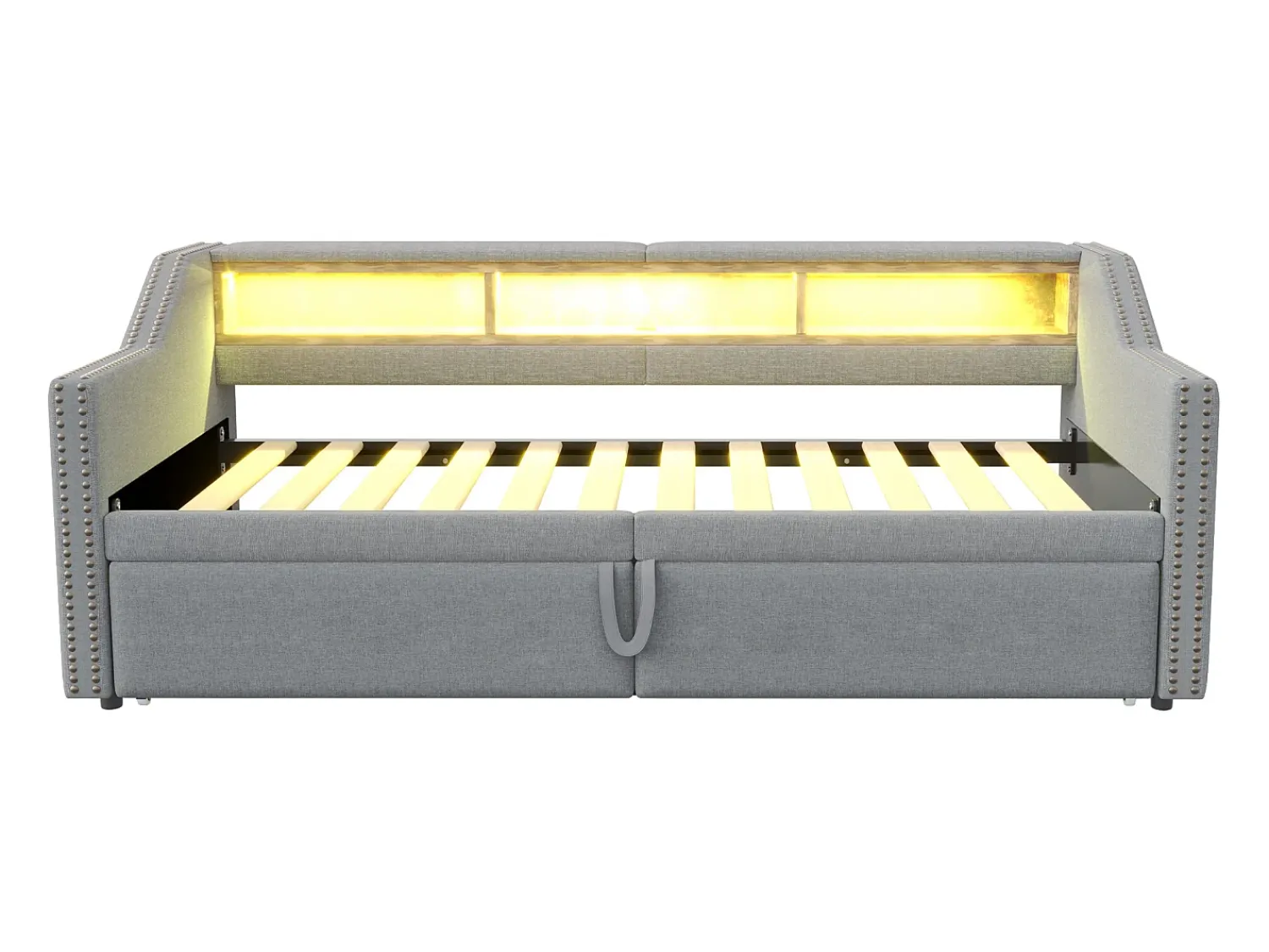 Outlet Sofá-cama extensível 90/180 x 200 cm, com luz LED e porta USB, estrado de ripas, cinza claro. Cinzento claro