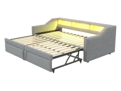 Outlet Sofá-cama extensível 90/180 x 200 cm, com luz LED e porta USB, estrado de ripas, cinza claro. Cinzento claro