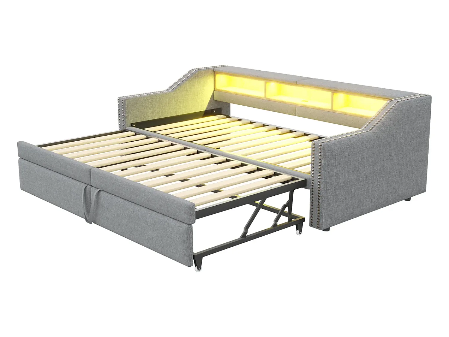 Outlet Sofá-cama extensível 90/180 x 200 cm, com luz LED e porta USB, estrado de ripas, cinza claro. Cinzento claro