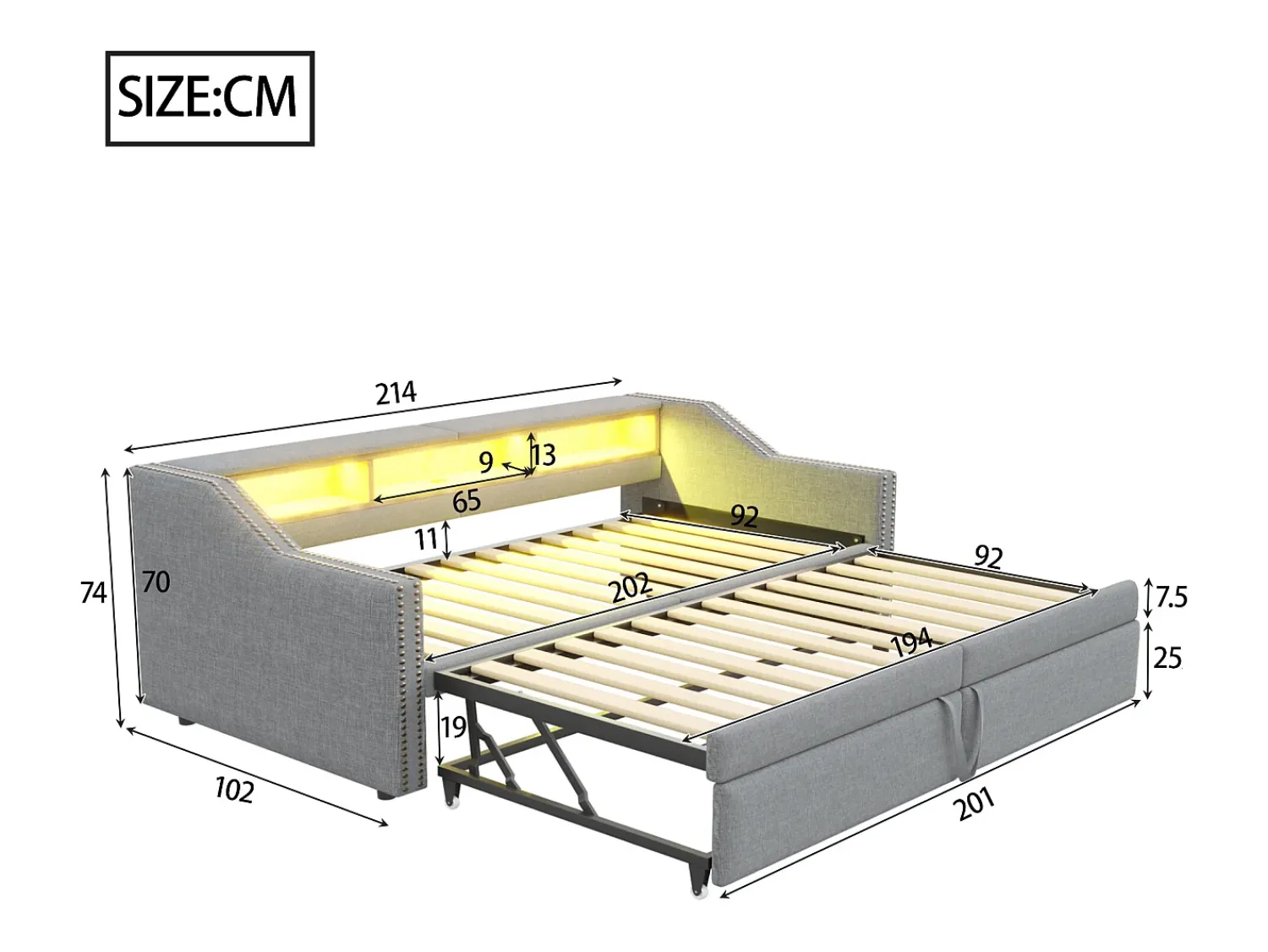Outlet Sofá-cama extensível 90/180 x 200 cm, com luz LED e porta USB, estrado de ripas, cinza claro. Cinzento claro