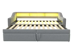 Outlet Sofá-cama extensível 90/180 x 200 cm, com luz LED e porta USB, estrado de ripas, cinza claro. Cinzento claro