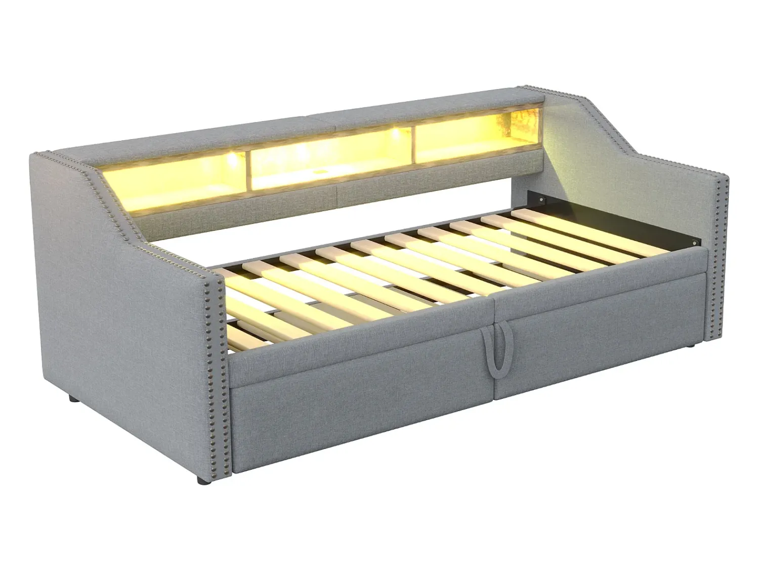 Outlet Sofá-cama extensível 90/180 x 200 cm, com luz LED e porta USB, estrado de ripas, cinza claro. Cinzento claro