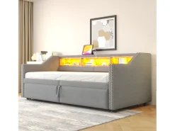 Outlet Sofá-cama extensível 90/180 x 200 cm, com luz LED e porta USB, estrado de ripas, cinza claro. Cinzento claro
