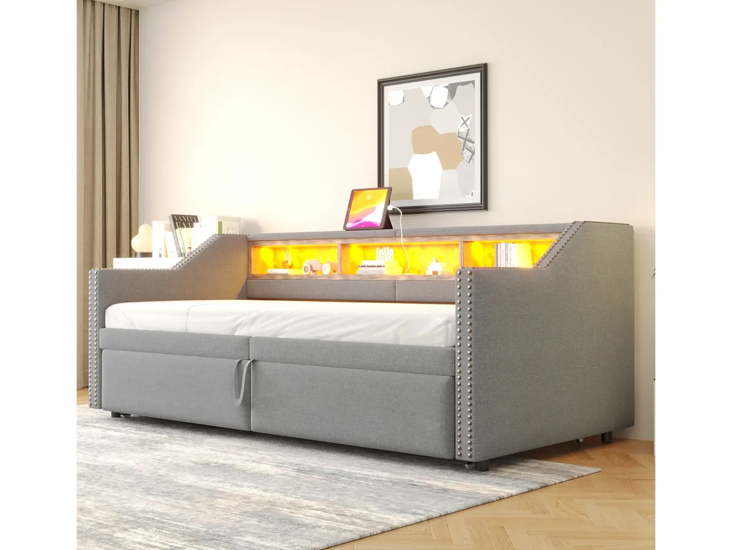Outlet Sofá-cama extensível 90/180 x 200 cm, com luz LED e porta USB, estrado de ripas, cinza claro. Cinzento claro