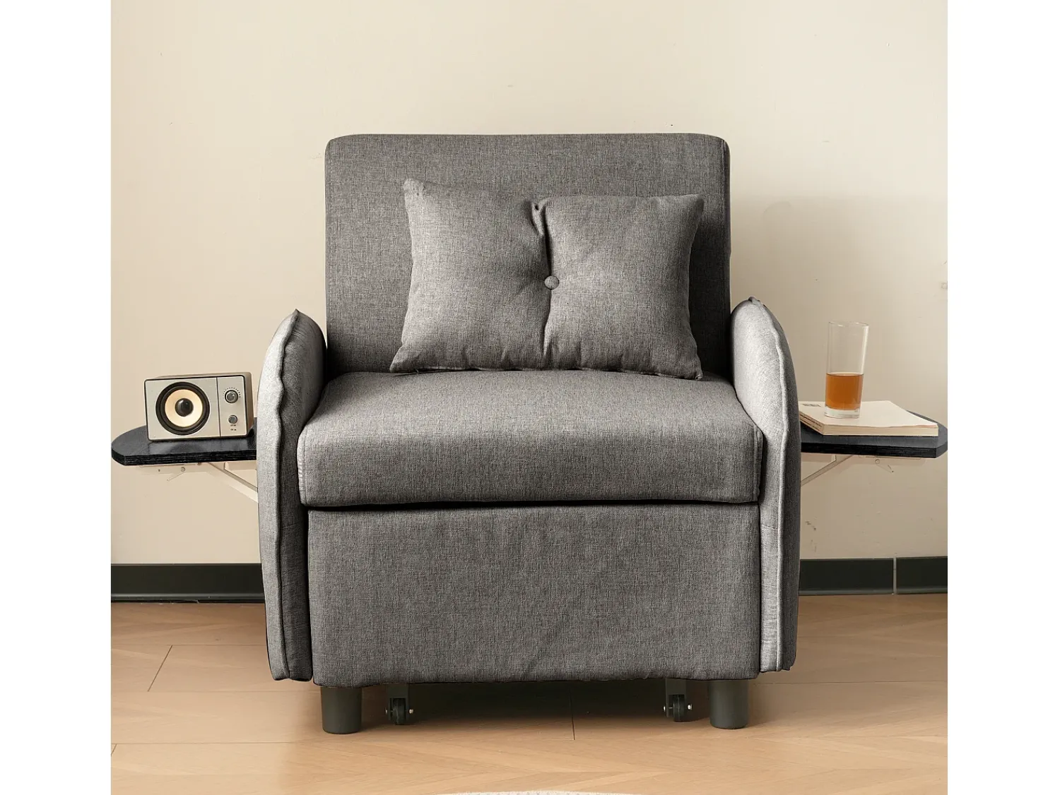 Poltrona| Sofá-cama individual multifuncional com função de cama, poltrona e cadeirão, sofá-cama ajustável em três direções, mesas de chá dobráveis Cinzento