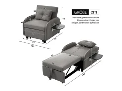 Poltrona| Sofá-cama individual multifuncional com função de cama, poltrona e cadeirão, sofá-cama ajustável em três direções, mesas de chá dobráveis Cinzento