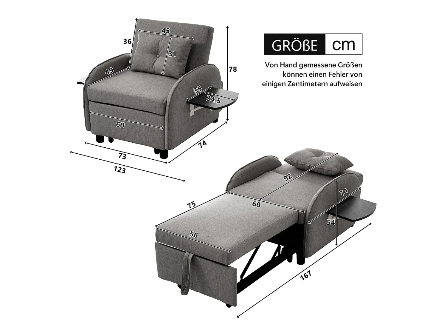 Poltrona| Sofá-cama individual multifuncional com função de cama, poltrona e cadeirão, sofá-cama ajustável em três direções, mesas de chá dobráveis Cinzento