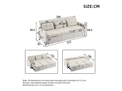 Sofá|Merax Sofá-cama moderno de 3 lugares com função de cama - 200 x 87 x 84,5 cm - Encosto reclinável a 180° - Tecido - Bege